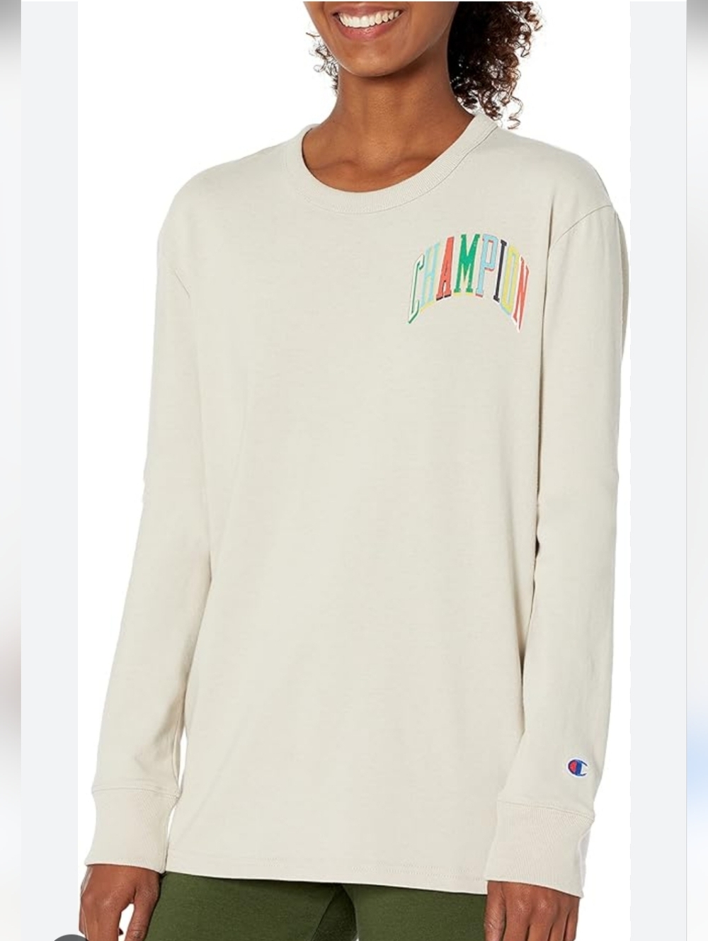 Champion Cream Long Sleeve Tee with Colorblock Logo